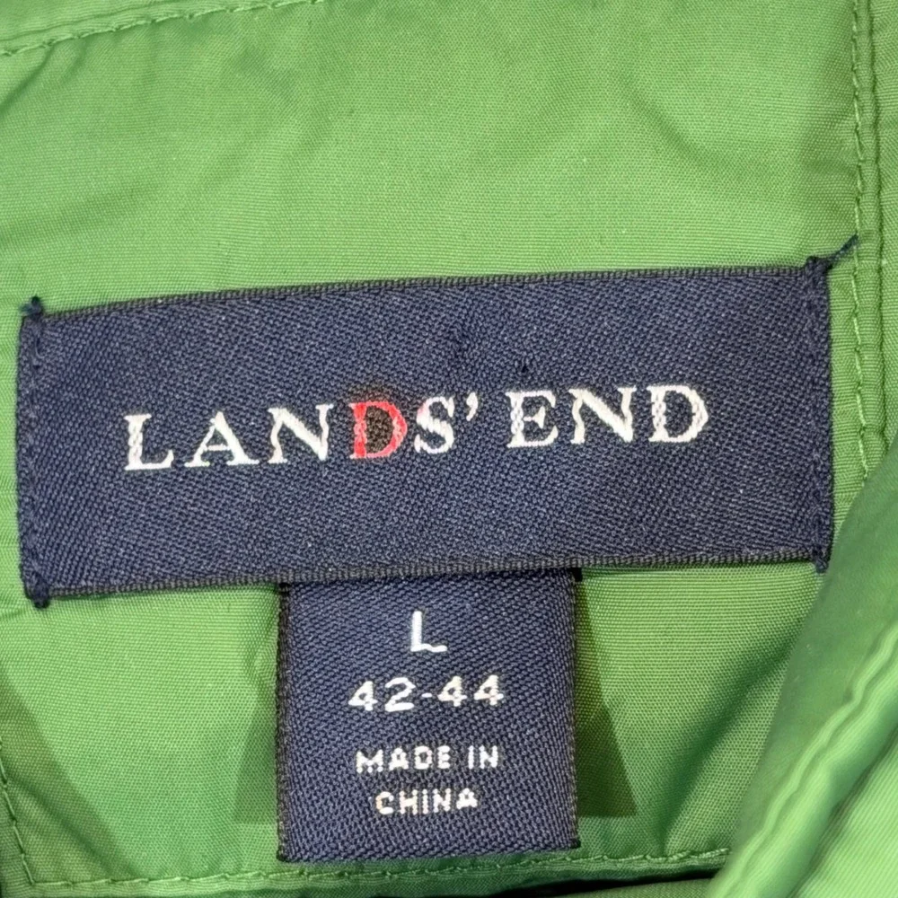 Lands' End Puffer Vest L Green Quilted Snap Front Sleeveless‎ Jacket Outerwear